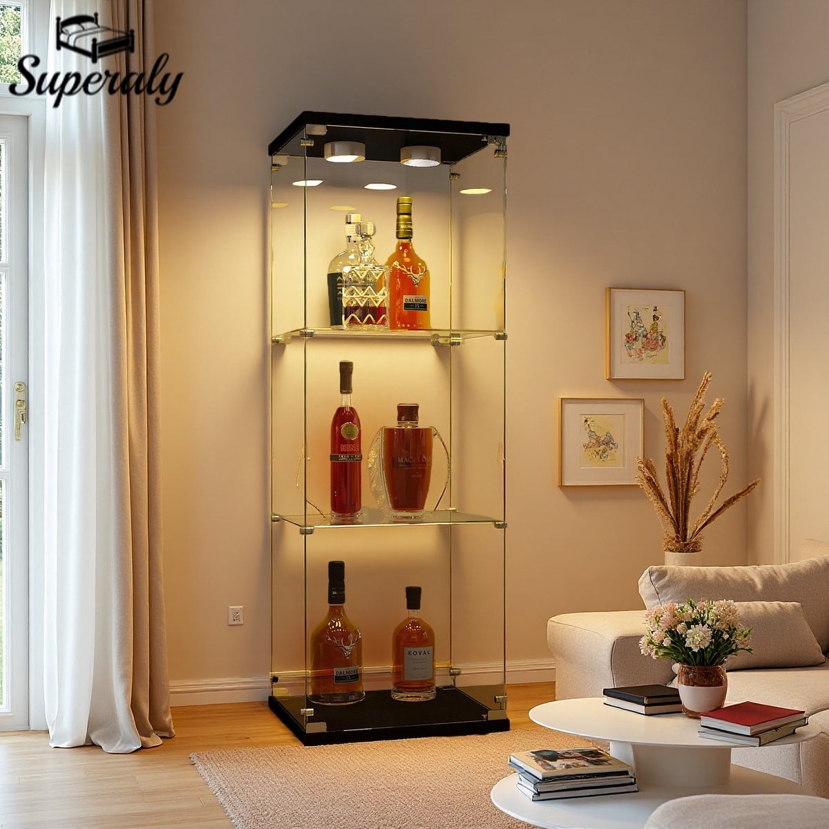 Vitrinekast met glazen deuren, LED-verlichting en slot