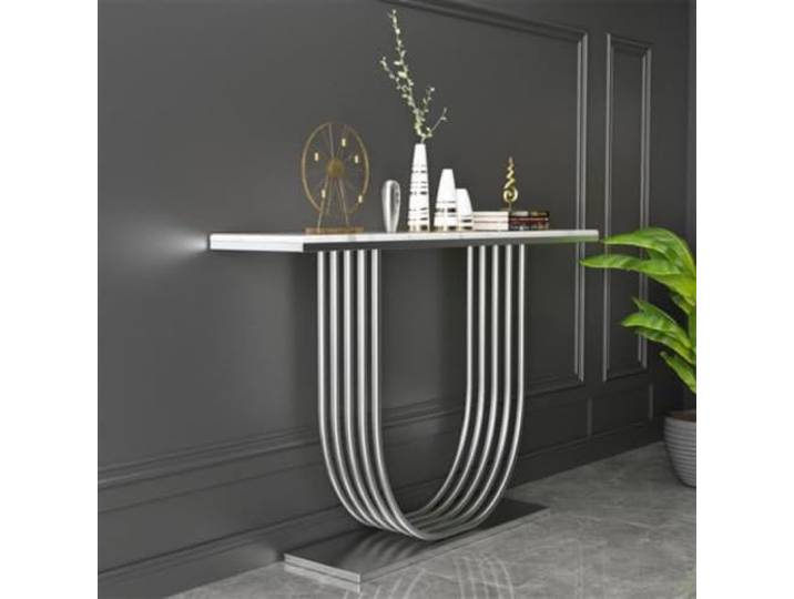 Moderner Konsolentisch, schmaler Flurtisch mit Marmor-Optik, Metallgestell Marmor-Optik, schmaler Eingangstisch, geeignet für Wohnzimmer, Eingangsbereich und Flur(Silver,59.1in*11.8in)