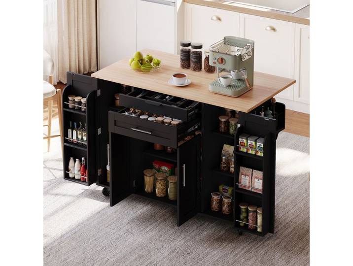 Desserte de cuisine - Becag - Îlot de cuisine mobile avec plan de travail rabattable et étagère à épices - 136x70x92cm - Noir