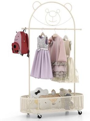 Costway Kid Clothes Rack with 3 Adjustable Heights and Wheels-White