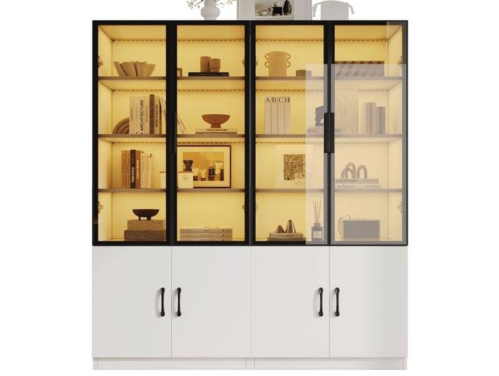 Vitrine en Verre avec éclairage LED Bibliothèque avec Cadre en Aluminium Meuble de Rangement Armoire Vitrine pour Bureau Salon
