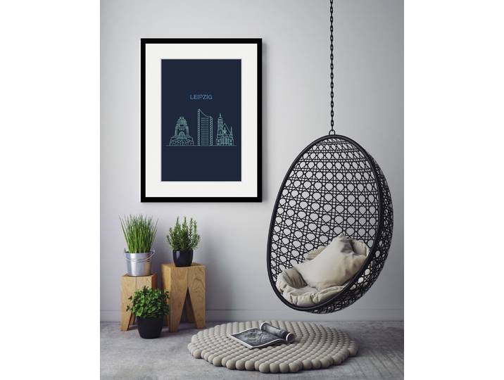 Bild QUEENCE Leipzig Sightseeing , blau (farbe rahmen: schwarz, farbe bild(er): blau), B:30cm H:40cm, Acrylglas, Holz, Papier, Bilder, Bild, HD Premium Poster-Druck inkl. Holzrahmen
