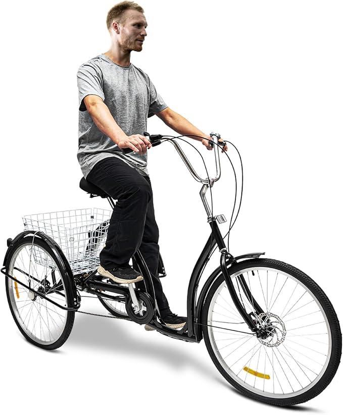26 Zoll Dreirad Erwachsene, Senioren Dreirad 6 Gang 3 Räder Bike Dreirädriges Cruiser-Fahrrad mit Korb für Erholung, Einkaufen, Picknicks (Schwarz)