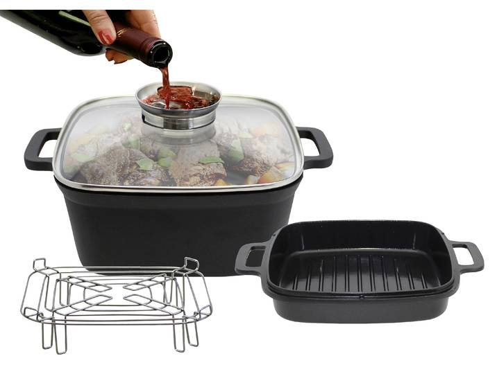 Bräter ELO BASIC Multifunktionstopf-Set Cubus , schwarz, Ø:24cm, Töpfe, Bräter, mit Dünsteinsatz und Grillrillen