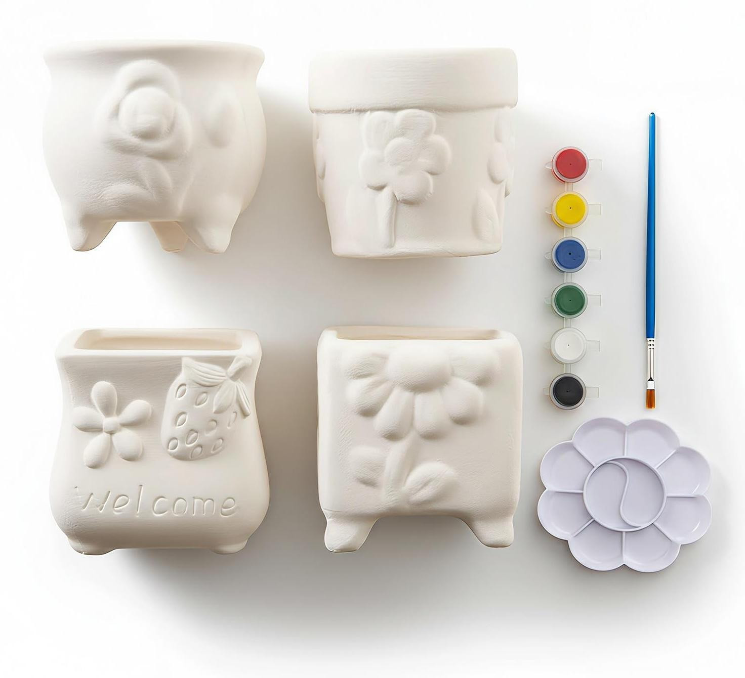 Set van 4 keramische schilderpotten voor creatieve klussen