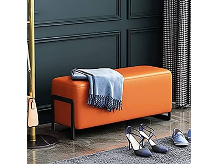 Ottomane Bank aus Kunstleder,Bequeme Bettbank Eingangsbank,Gepolsterte Bank Mit Metallsockel,Schlafzimmerbank,Orange-Schwarzer Sockel,100X35X40Cm(39X14X16Inch)