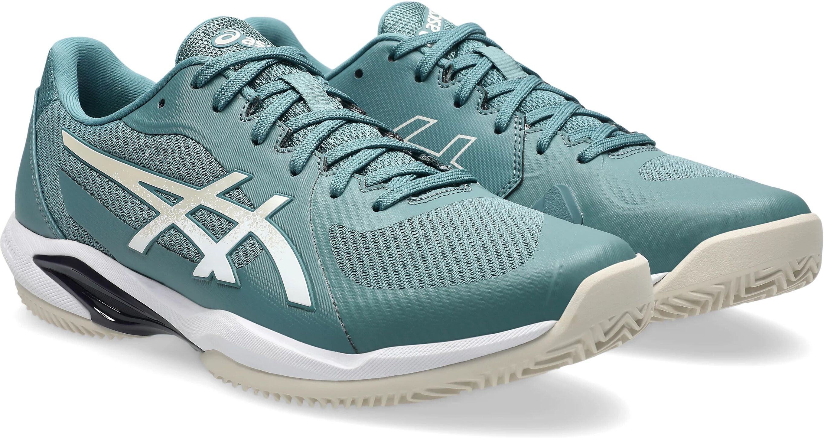 Tennisschuh ASICS "SOLUTION SWIFT FF 2 CLAY", Herren, Gr. 43,5, blau (foggy teal, oatmeal), Synthetik, Schuhe Tennisschuh, Sandplatzschuhe für Ascheplätze foggy teal, oatmeal 43,5