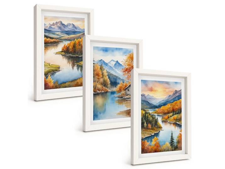 BILDER SET 3er Set - 20x30 cm Weißer Rahmen - Herbstliche Berglandschaften
