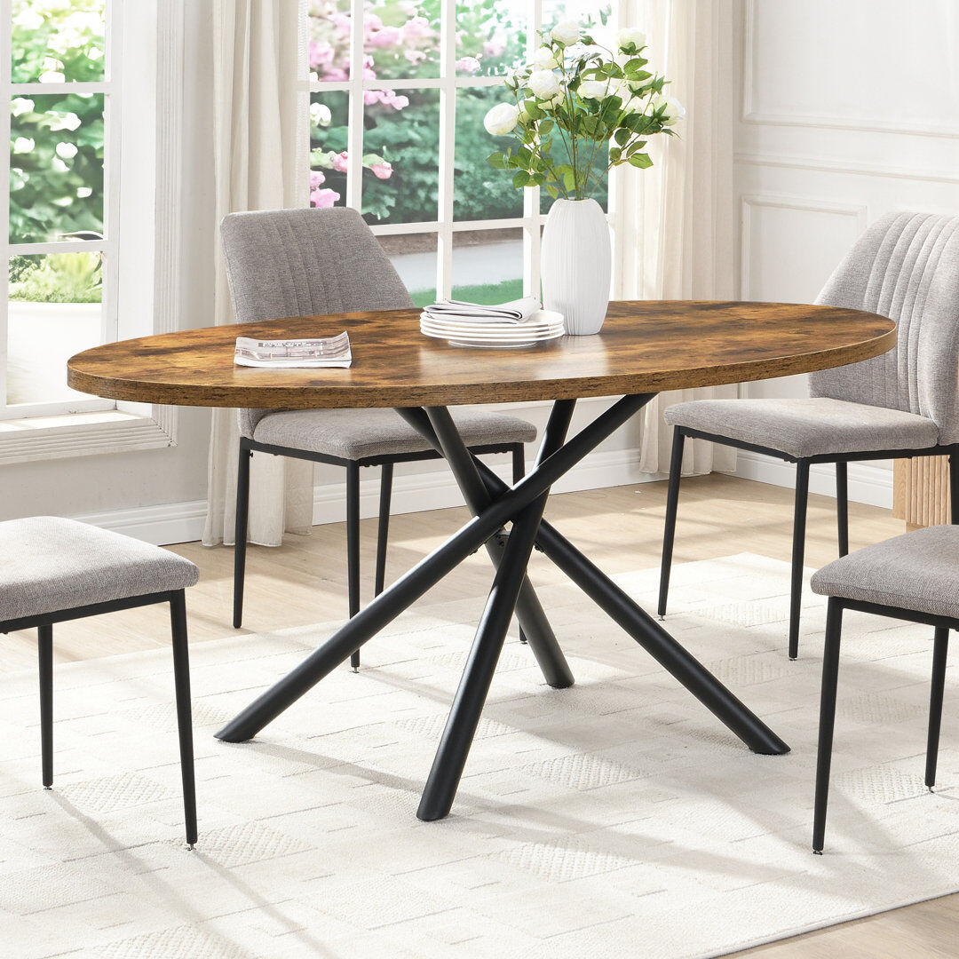 Brayden Studio 170cm Oval Dining Table, 6 Seater with Black Metal X-Legs BROWN