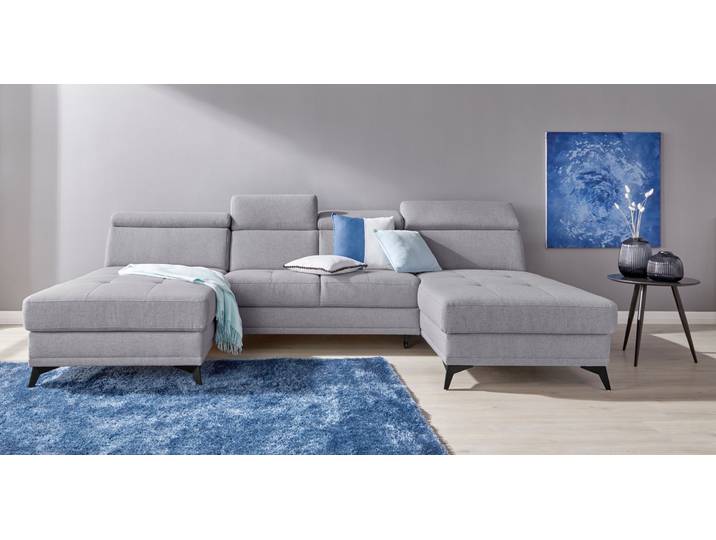 Wohnlandschaft, Webstoff, Grau 296×173 cm, U-Form, Kopfteilverstellung, Modern, Inosign