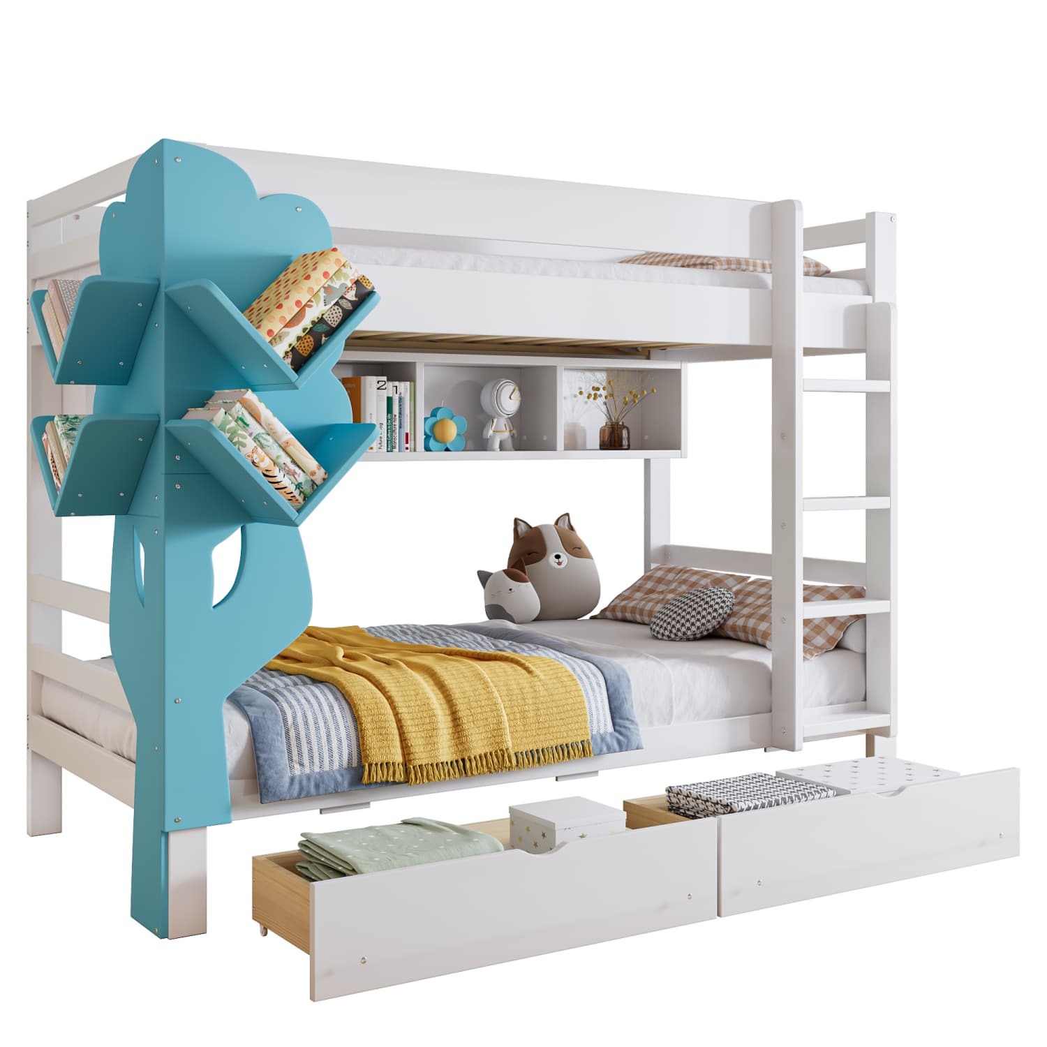 Etagenbett, Kreatives Kinderbett, Bücherregal in Baumform, Offenes Regal, Zwei Schubladen mit Rollen, Mit Fallschutzgitter, Reichlich Stauraum