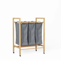 STILVORA Bodenstehender Wäschekorb Bambus Natur/Anthrazit 62x40x83 cm, 3 Fächer, mobil