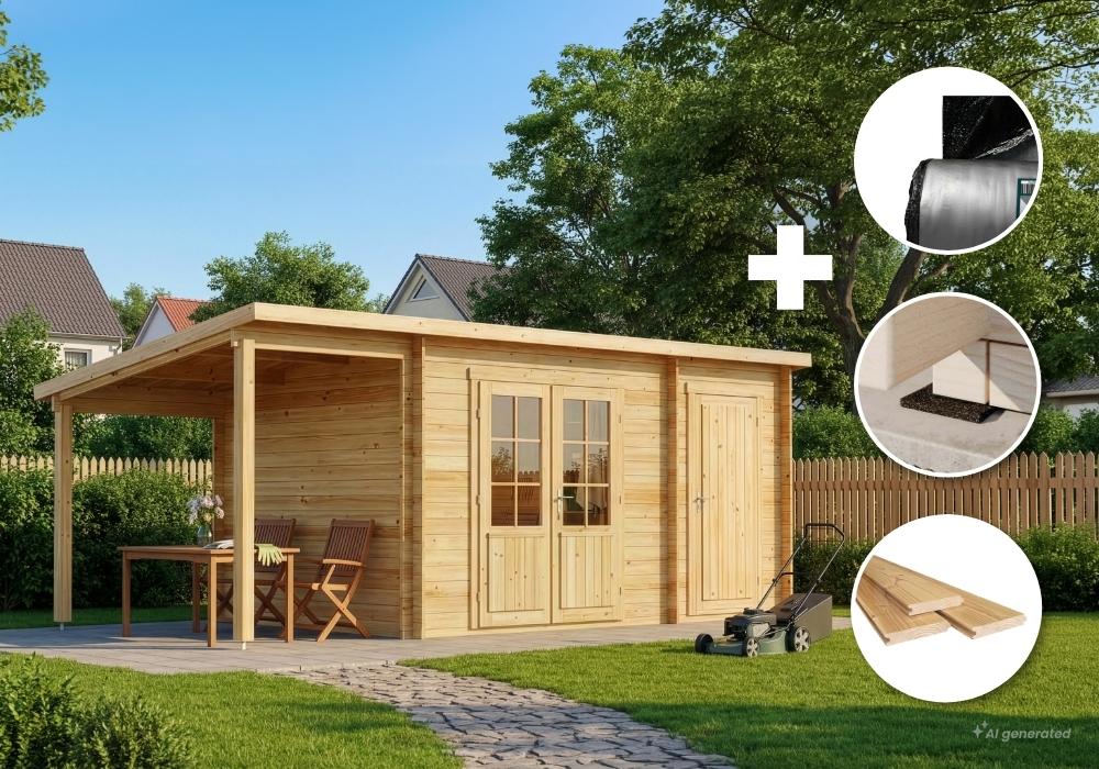 Alpholz Gartenhaus Set Maria Anbau&Schleppdach Natur mit Boden & Dacheind.