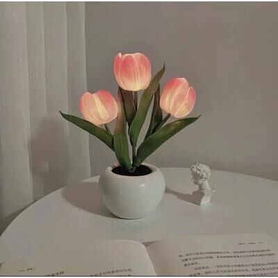 Uplifted Finds LED Tulip Night Light Simulation Flower Desk Lamp Romantic Table Decor Gift For Girlfriend pink usb Charging