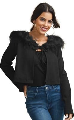 Masseys Faux Fur Tie Front Cardigan (Size 4X) Black, Polyester