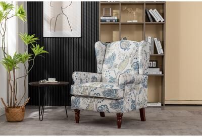 "GDFStudio - 37.80"" Floral Linen Upholstered Wingback Accent Chair with Retro Solid Wood Legs"