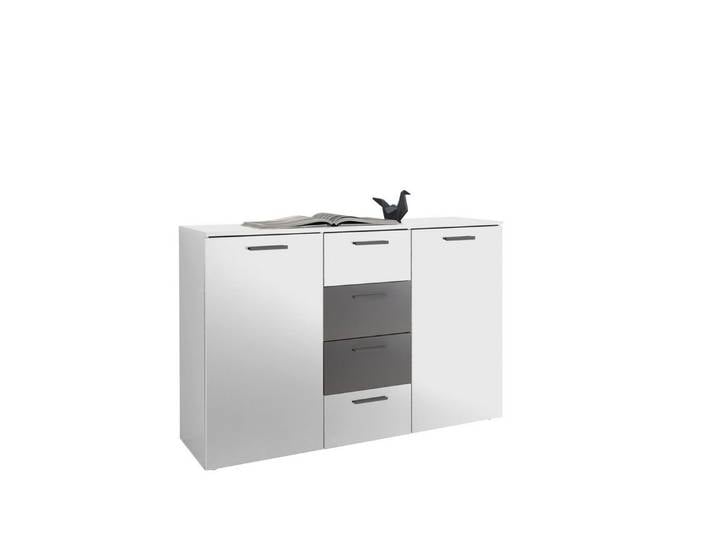 PREISBRECHER Sideboard ASCHAU, 4 Schübe, 2 Türen, Weiß / Graphit - 140x89x38cm (BxHxT)