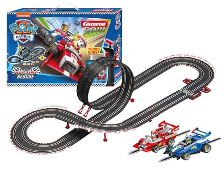 Carrera GO!!! PAW Patrol - Ready Race Rescue Set 2 Slotcars inkl. 2 Handregler mit Turbo-Knopf Inklusive Chase und Marshall 4,9 m Streckenlänge mit Looping und Rundenzähler Maßstab 1:43