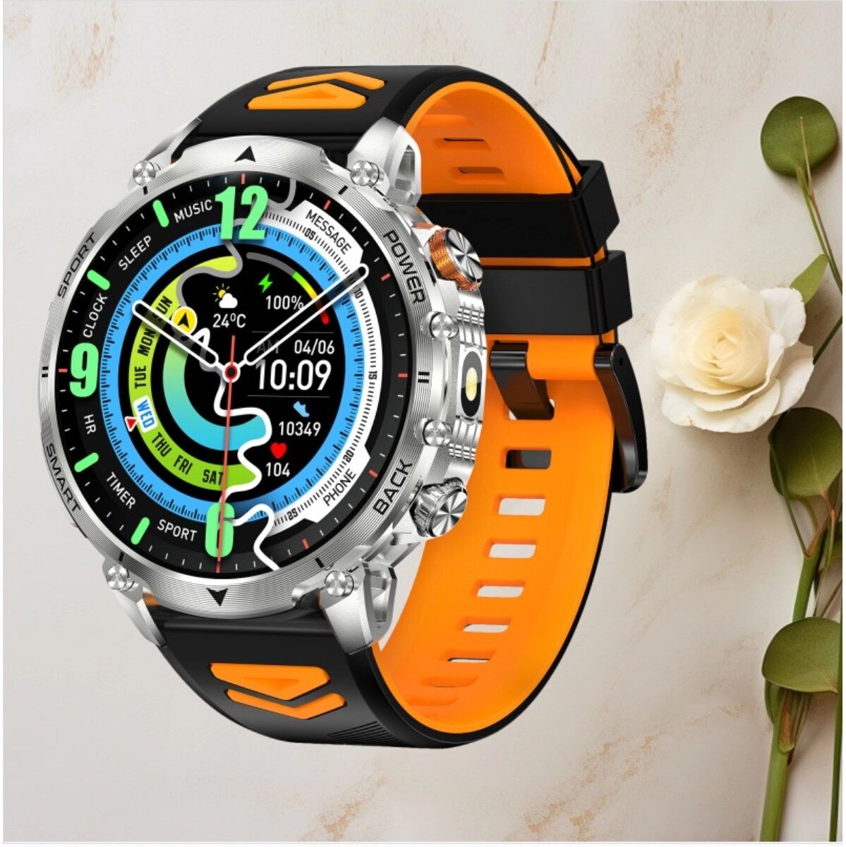 INF Smartwatch mit Bluetooth-Anrufen, 1.7 inch IPS Display, 1400mAh Akku, IP68, magnetisches Schnellladen Silberorange