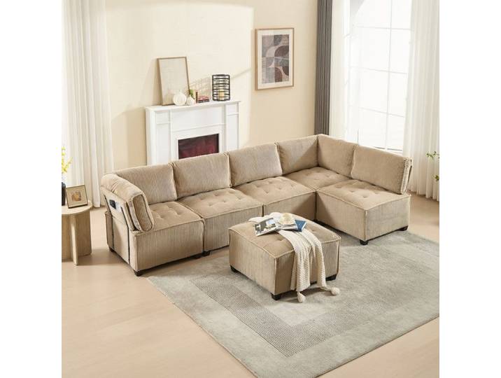 Canapé modulaire 6 places velours côtelé ergonomique poches de rangement combinaisons stable en bois et métal montage facile