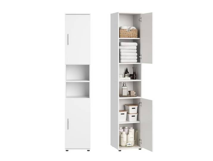 Meuble colonne salle de bain - 35x35x187 cm - Armoire de salle de bain étroite - 6 compartiments - Meuble SDB - Blanc