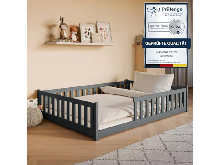 Kids Collective Montessori-Bodenbett 140x200 cm, Graphit, Rausfallschutz Lattenrost inklusive, Matratze optional, für Kinder und Jugendliche