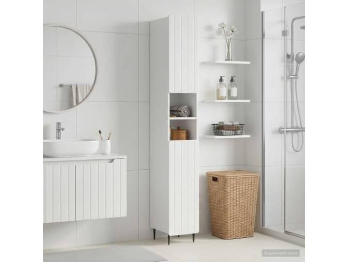 Badezimmerschrank mit Offenem Regal ZWOLLE Hochglanz Weiß Holzwerkstoff Offene Ablage, Pendeltür 90°, feuchtigkeitsbeständig, kompakt, pflegeleicht, moderner Stil