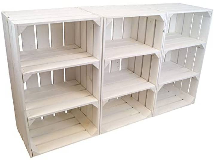 Kistenkolli Altes Land hohe Holzkiste Willi mit Zwei Zwischenbrettern 68x40x30cm HxBxT Schuhregal Bücherregal Nachttisch Weinregal (3er Set, Weiss)