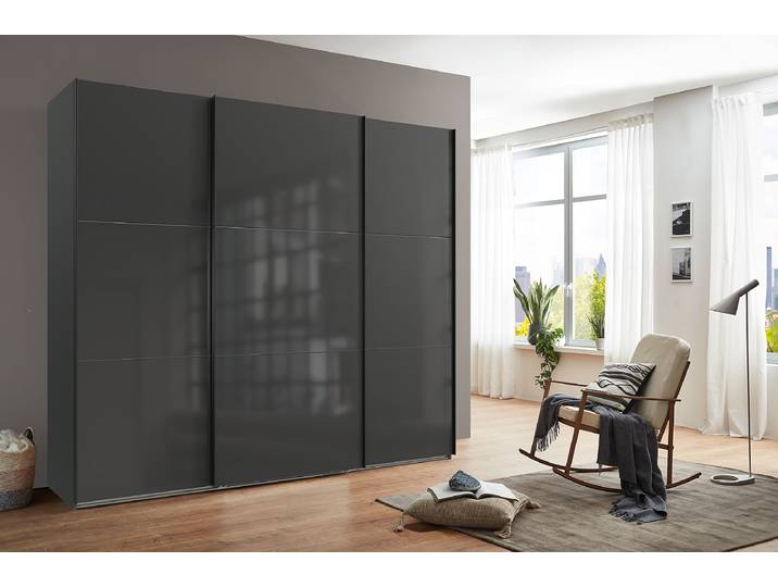 Schwebetürenschrank Indiana - Glasfront 250cm Schwarz/Grau/Graphit ohne Spiegeltür/-en