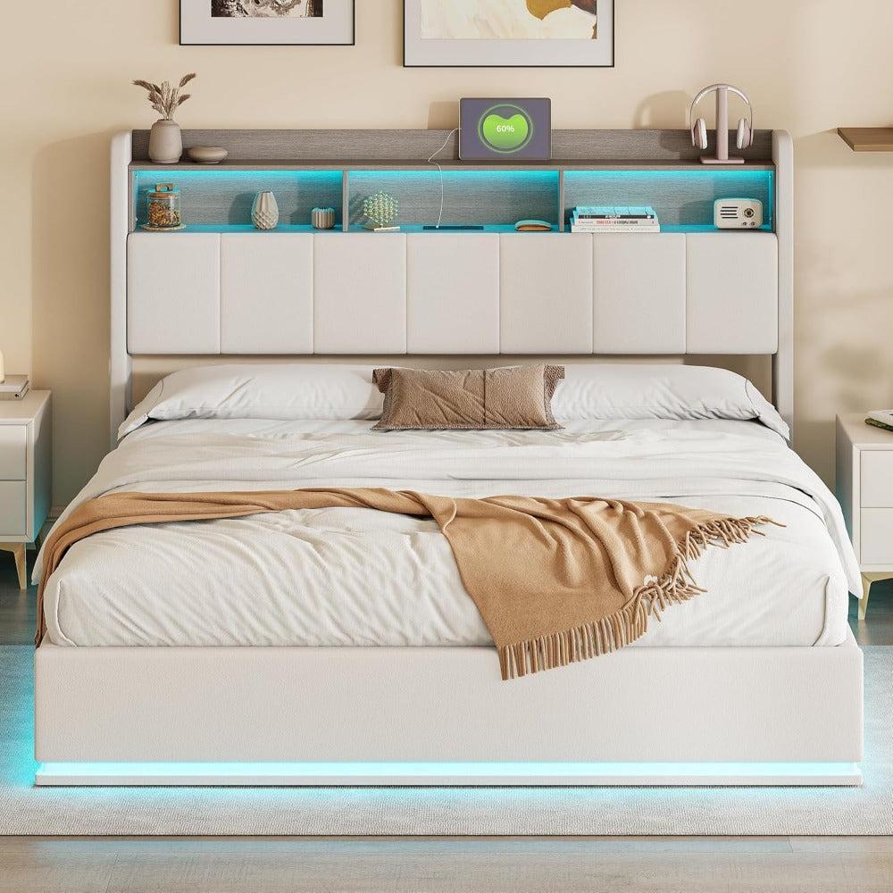 Doppelbett 140x200 cm - Bett mit Stauraum - Bett mit Schubladen - Stauraumbett - Bett - Grau bezogen - 3 geräumige Schubladen