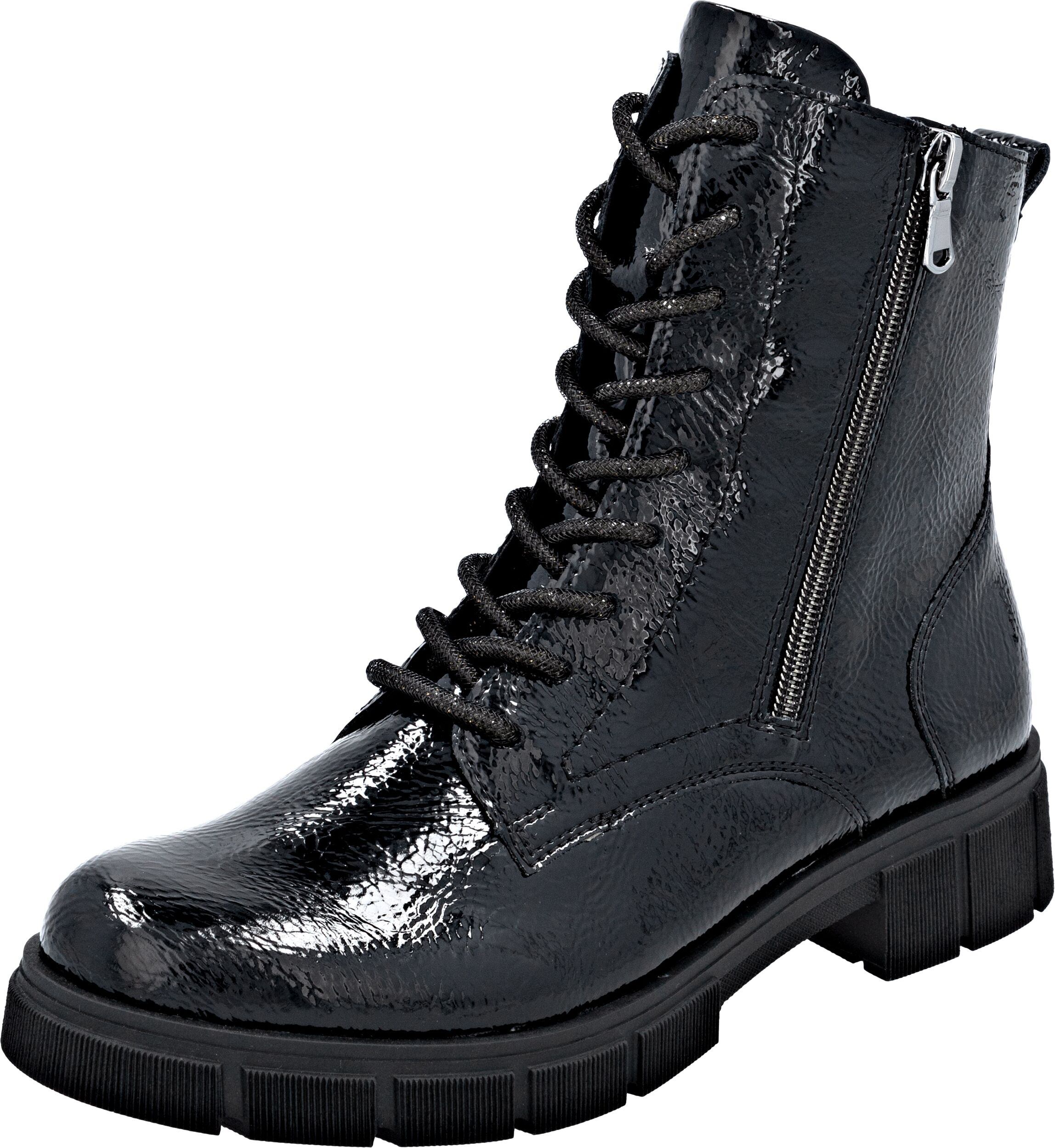 Schnürstiefelette REMONTE, Damen, Gr. 39, wärmend, schwarz, Lacklederimitat, glänzend, Schuhe Schnürstiefelette, Schnürboots, Stiefelette, Profilsohle, mit Glitzer-Schnürsenkel schwarz 39, wärmend