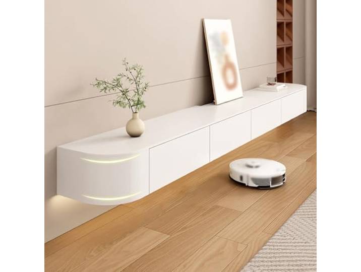 ATHOMASM Schwebender TV-Aufbewahrungsschrank Platzsparendes TV-Regal Aus Massivholz Schwebende Medienkonsole Mit Tür Und Schublade Stilvolles, Wandmontiertes TV-Aufbewahrungssystem(Weiß,300cm)