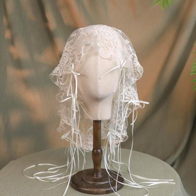 Fabled Fashion Studio French Style Embroidered Lace Bridal Headwear With Bow Ribbon beige
