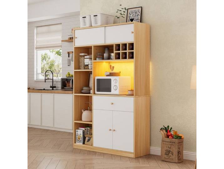 Buffet Cuisine avec éclairage LED Meuble Cuisine Rangement avec 1 Tiroir 3 Portes et étagères Pour Cuisine Salon 115x35x180cm