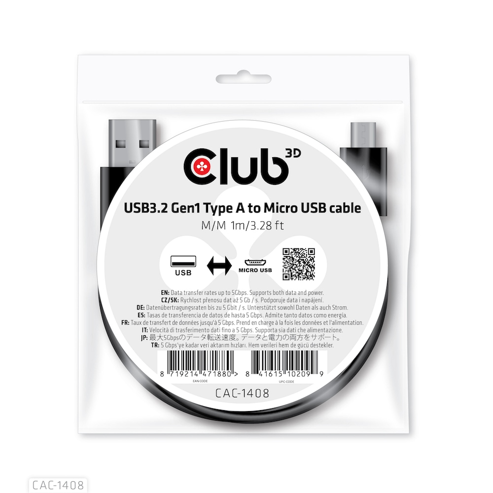 Club3D Club 3D USB 3.2 Typ-A auf micro USB Kabel 1m St./St. schwarz CAC-1408