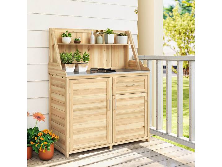 Outsunny Armoire Bois Jardin 100x45x129cm avec Tiroir et Étagère