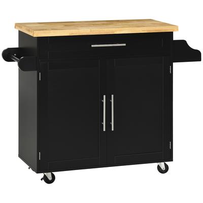 MODFU Küchenwagen Servierwagen Schwarz 109x40x89 cm mit Arbeitsplatte, Schublade, Schrank, Gewürzregal, Handtuchhalter, Rollen mit Bremsen