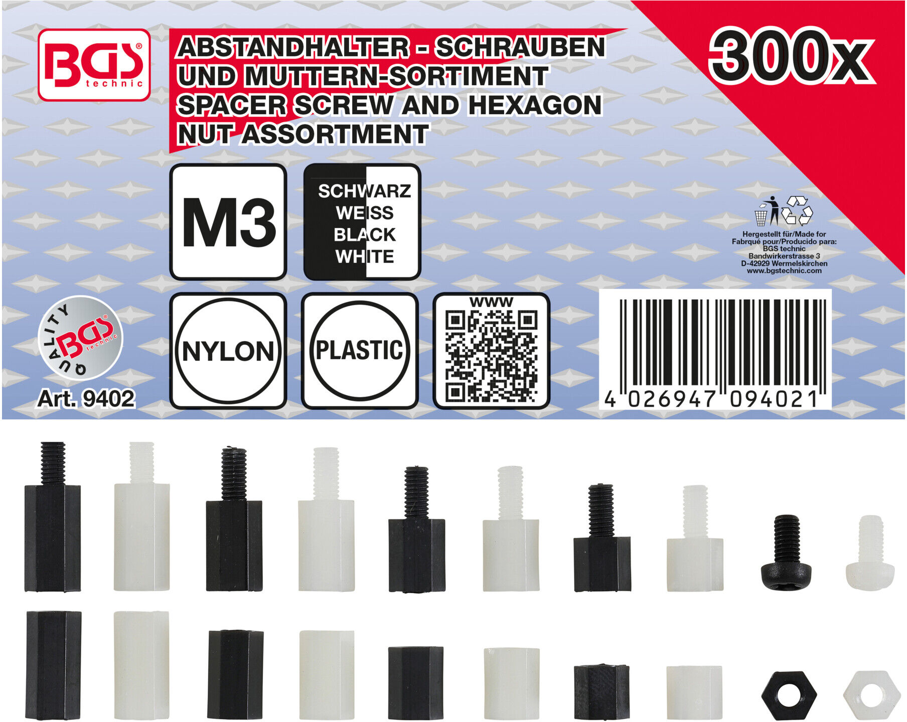 BGS Abstandhalter-Schrauben und Sechskant-Muttern-Sortiment 9402, Nylon, 300-tlg. ; BGS technic)