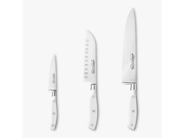 Arcos Messer-Set Geschmiedet 3-teilig - Edelstahl mit Dünner Klinge und Charakteristischem Weichem Rand, Ergonomischer Griff aus Polyoxymethylen (POM) - Serie Riviera Blanc, Farbe Weiß