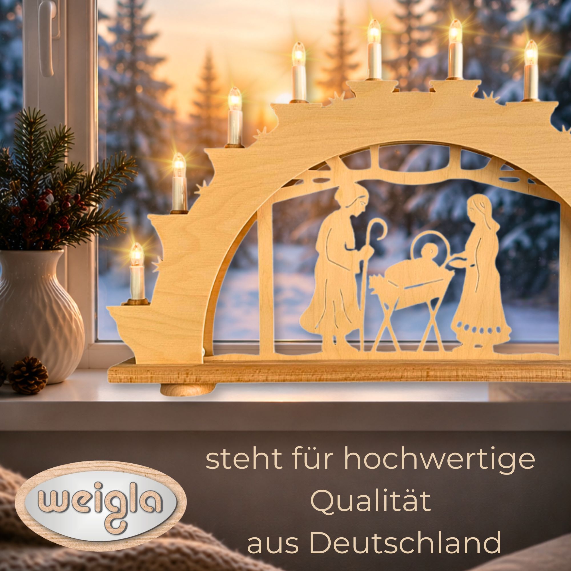 Schwibbogen WEIGLA "Heilige Nacht, Lichterbogen aus Holz, NATUR", braun (natur), B:66cm H:40,5cm T:6cm, Holzwerkstoff, Schwibbögen, Schwibbogen