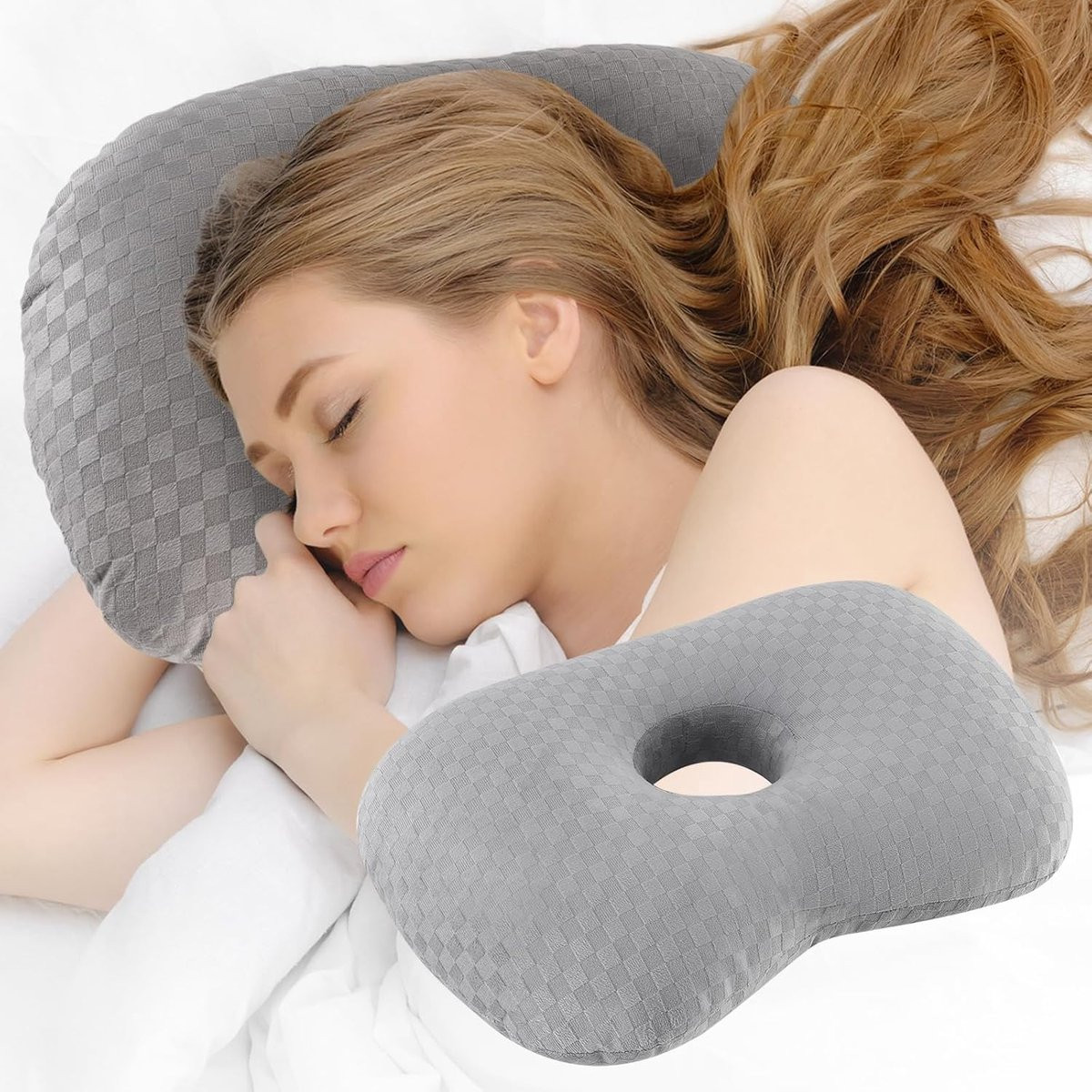 Daity Oorpiercing kussen voor zijslapers - Lichtgrijs - Katoen-polyester mix