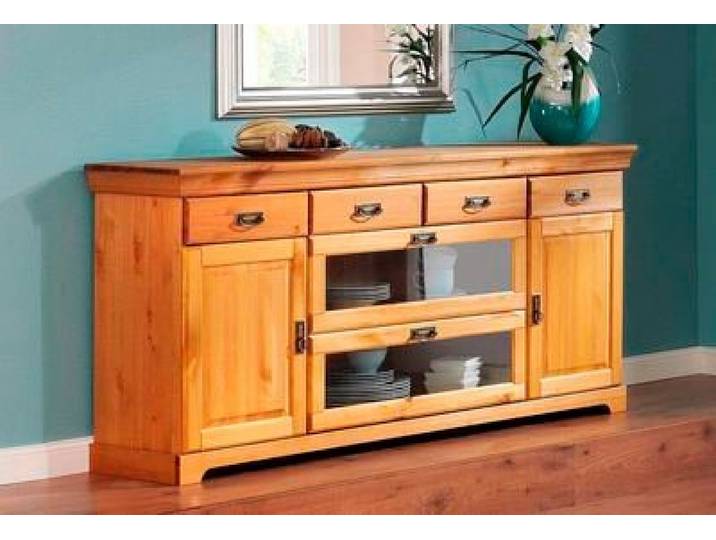 OTTO home Sideboard Rügen Kommode mit 2 Türen, 6 Schubläden mit Metallringgriffe, aus massiver Kiefer, Schubladen mit Glaseinsatz, natürliche Maserung
