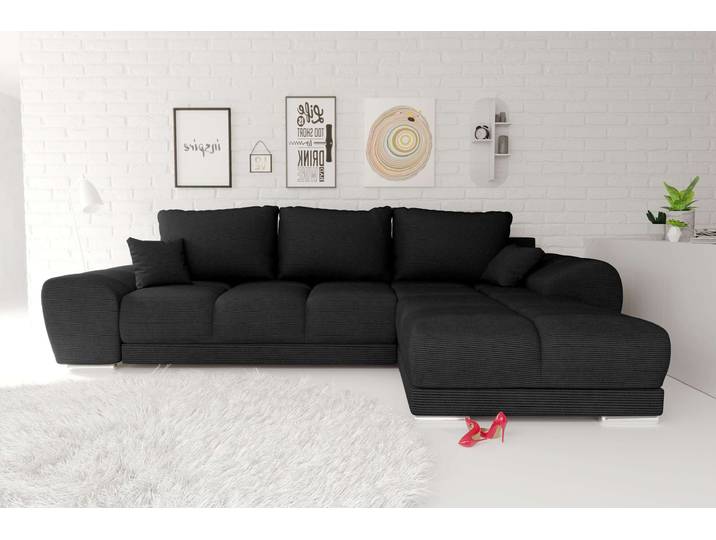 Antalya Ecksofa Cordstoff POSO Schwarz Rechts mit Schlaffunktion