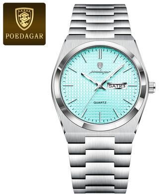 Youfap Market Original Luminous Men's Quartz Watch, Waterproof Stainless Steel, Fashionable Design silver Mintblue