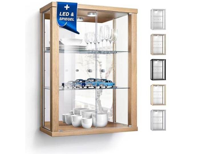 K-Möbel Wandvitrine (80x60x25cm) - Made in Germany - Glasvitrine hängend mit 2 höhenverstellbaren Glasböden aus ESG, Spiegel & LED in Buche - Schrank mit Glastüren - Hängevitrine Glas
