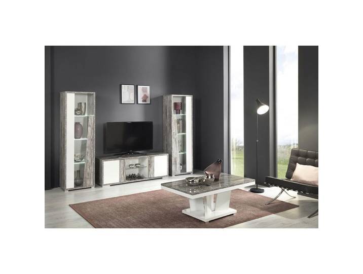 DENYS - Ensemble Salon Laqué Blanc et Effet Bois Taupe