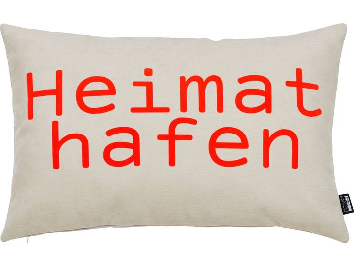 Dekokissen DONE. HEIMATHAFEN , beige (beige, neon orange, schriftzug), B:40cm L:60cm, Polyester, Dekokissen_Sitzkissen_Kissenhüllen, Dekokissen, Extra weiche Haptik