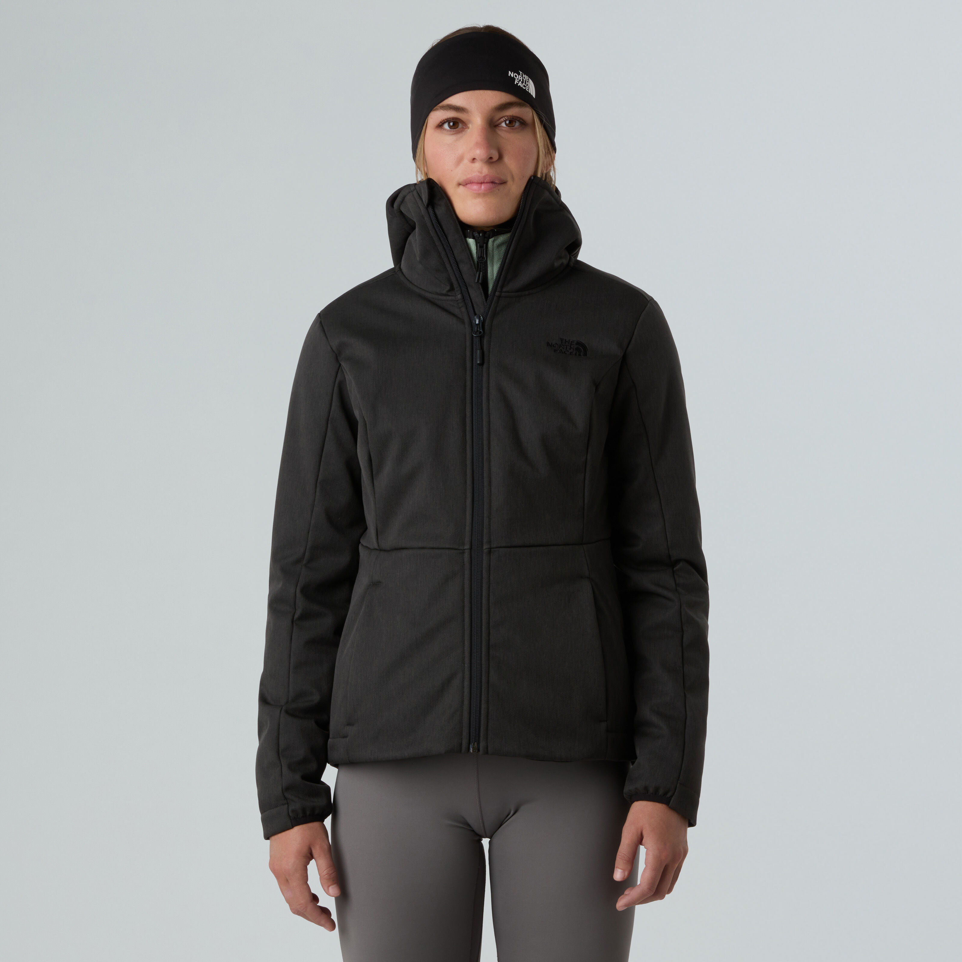 Funktionsjacke THE NORTH FACE "W QUEST HIGHLOFT SOFT SHELL JACKET - EU", Damen, Gr. S, schwarz (tnf schwarz heather), Obermaterial: 100% Polyester, Jacken Funktionsjacke, für Outdoor-Abenteuer, mit elastischen Ärmelbündchen