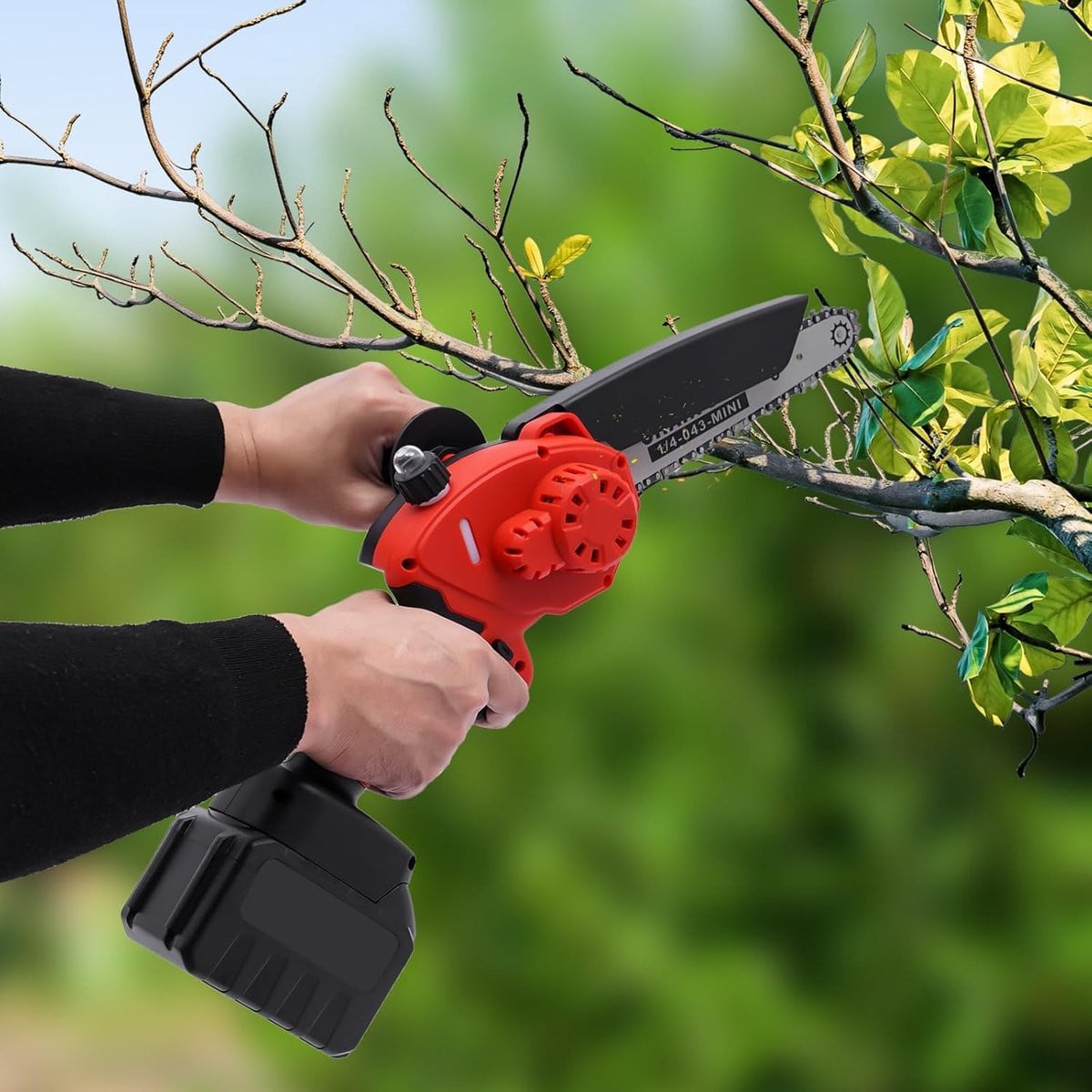 Mini Kettingzaag Accu Tuinschaar met Zelfsmeersysteem - 8 inch - Rood Zwart