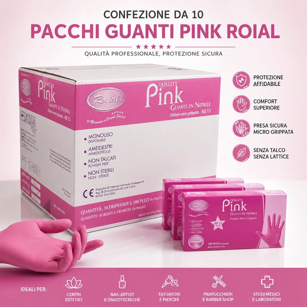 Roial Guanti Monouso in Nitrile Rosa Non Talcati 5 Stelle Pink – Scatola da 1000 Guanti L 1 scatola da 100 pezzi
